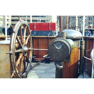 1980s 35mm Slide England Pics #2, wooden helm and steering wheel of a ship